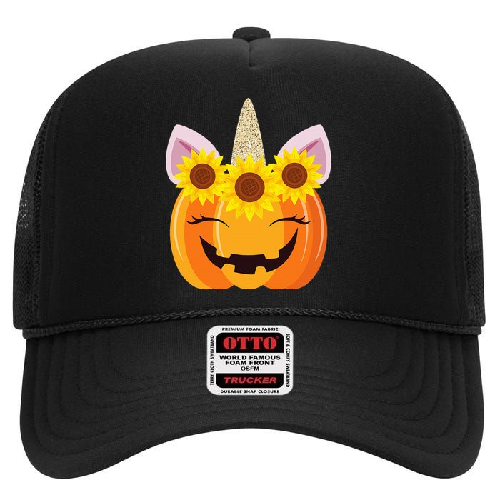 Unicorn Pumpkin Face Sunflower Costume Funny Halloween Gift High Crown Mesh Back Trucker Hat