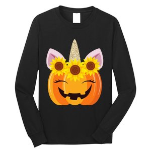 Unicorn Pumpkin Face Sunflower Costume Funny Halloween Gift Long Sleeve Shirt