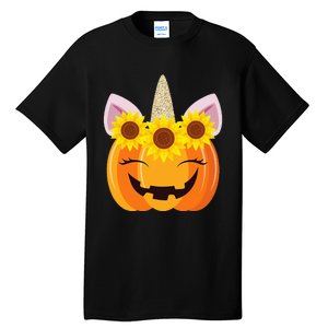 Unicorn Pumpkin Face Sunflower Costume Funny Halloween Gift Tall T-Shirt