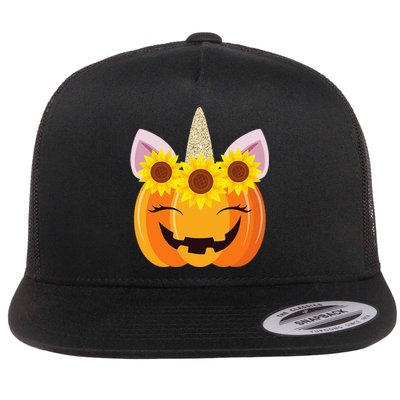 Unicorn Pumpkin Face Sunflower Costume Funny Halloween Gift Flat Bill Trucker Hat