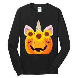 Unicorn Pumpkin Face Sunflower Costume Funny Halloween Gift Tall Long Sleeve T-Shirt