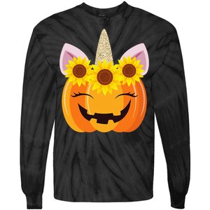 Unicorn Pumpkin Face Sunflower Costume Funny Halloween Gift Tie-Dye Long Sleeve Shirt