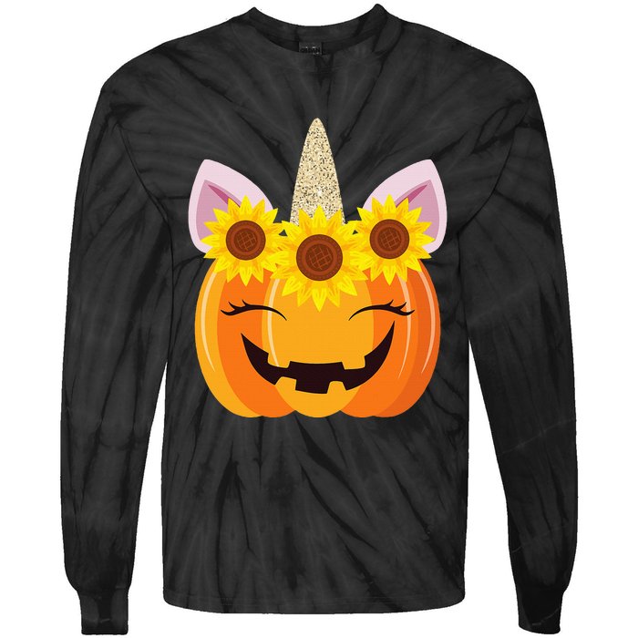 Unicorn Pumpkin Face Sunflower Costume Funny Halloween Gift Tie-Dye Long Sleeve Shirt