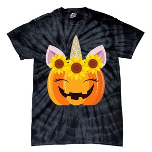 Unicorn Pumpkin Face Sunflower Costume Funny Halloween Gift Tie-Dye T-Shirt