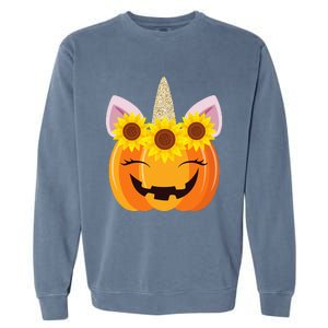 Unicorn Pumpkin Face Sunflower Costume Funny Halloween Gift Garment-Dyed Sweatshirt