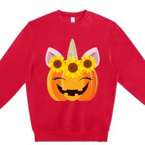 Unicorn Pumpkin Face Sunflower Costume Funny Halloween Gift Premium Crewneck Sweatshirt