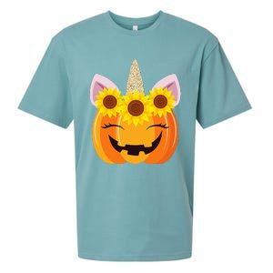 Unicorn Pumpkin Face Sunflower Costume Funny Halloween Gift Sueded Cloud Jersey T-Shirt