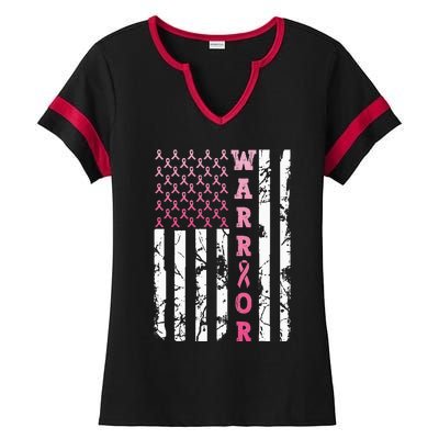 USA Pink Flag Awareness Month October Breast Cancer Warrior Ladies Halftime Notch Neck Tee