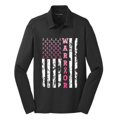 USA Pink Flag Awareness Month October Breast Cancer Warrior Silk Touch Performance Long Sleeve Polo