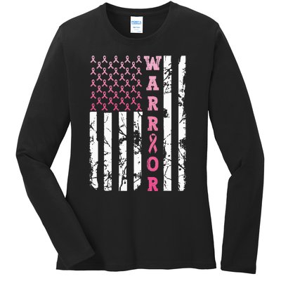 USA Pink Flag Awareness Month October Breast Cancer Warrior Ladies Long Sleeve Shirt