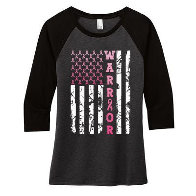 USA Pink Flag Awareness Month October Breast Cancer Warrior Women's Tri-Blend 3/4-Sleeve Raglan Shirt