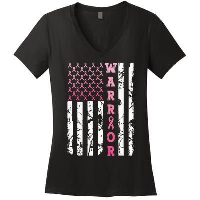 USA Pink Flag Awareness Month October Breast Cancer Warrior Women's V-Neck T-Shirt