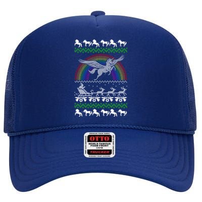 Unicorn Pegasus Flying Over Rainbow Ugly Christmas Gift High Crown Mesh Back Trucker Hat