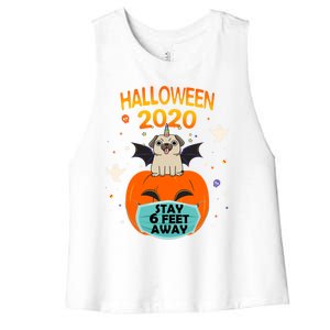 Unicorn Pug Halloween Pumpkin Face Mask Stay 6 Feet Away Fun Funny Gift Women's Racerback Cropped Tank