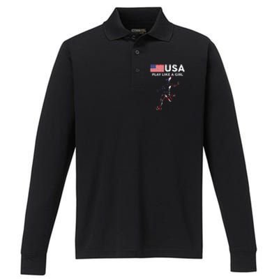 Usa Play Like A Girl Soccer Football Usa Flag Performance Long Sleeve Polo