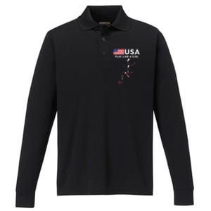 Usa Play Like A Girl Soccer Football Usa Flag Performance Long Sleeve Polo