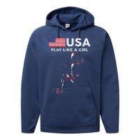 Usa Play Like A Girl Soccer Football Usa Flag Performance Fleece Hoodie