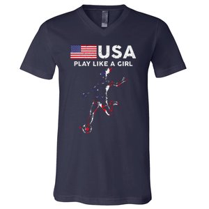 Usa Play Like A Girl Soccer Football Usa Flag V-Neck T-Shirt