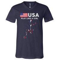 Usa Play Like A Girl Soccer Football Usa Flag V-Neck T-Shirt