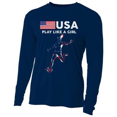 Usa Play Like A Girl Soccer Football Usa Flag Cooling Performance Long Sleeve Crew