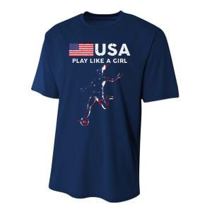 Usa Play Like A Girl Soccer Football Usa Flag Performance Sprint T-Shirt