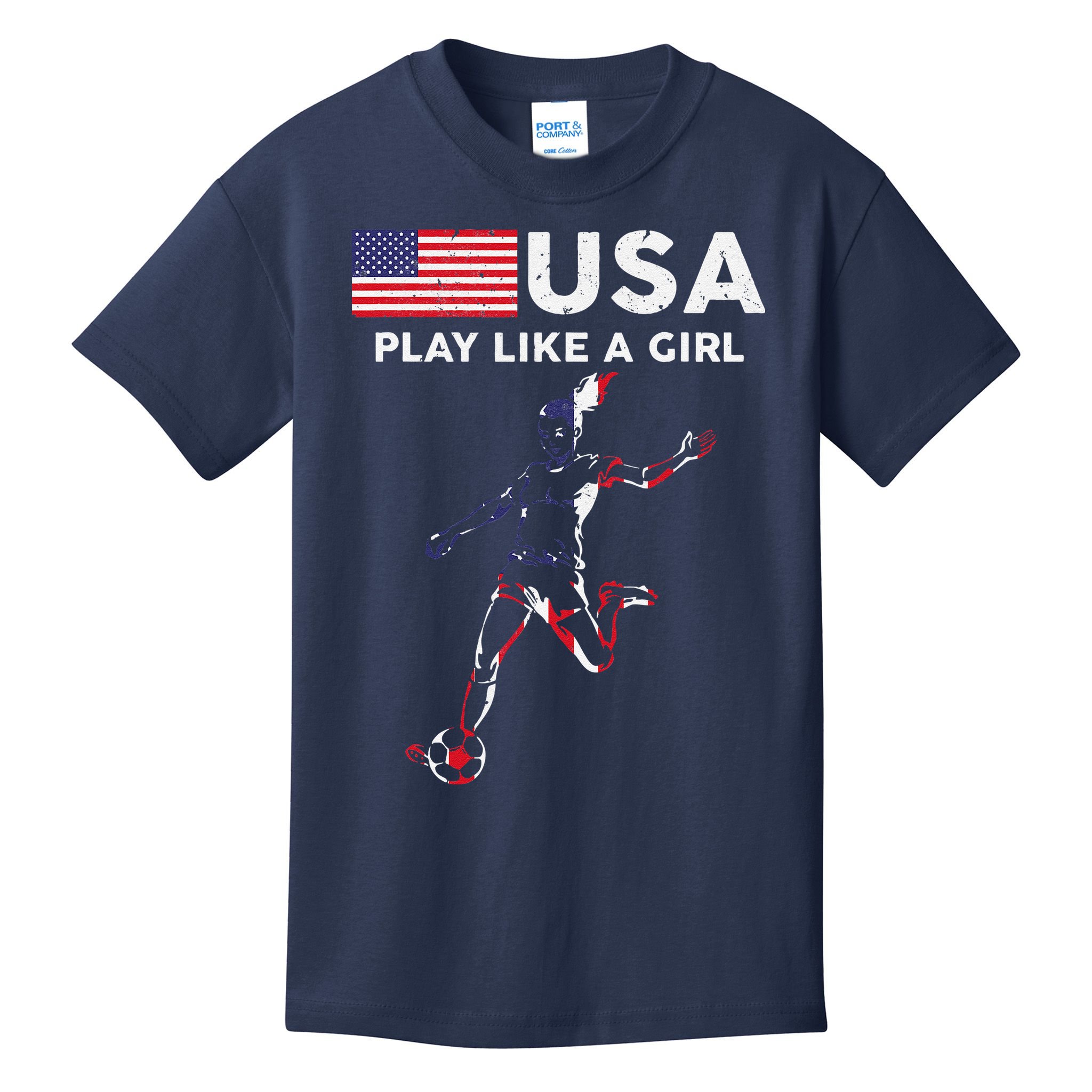 Usa Play Like A Girl Soccer Football Usa Flag Kids T-Shirt