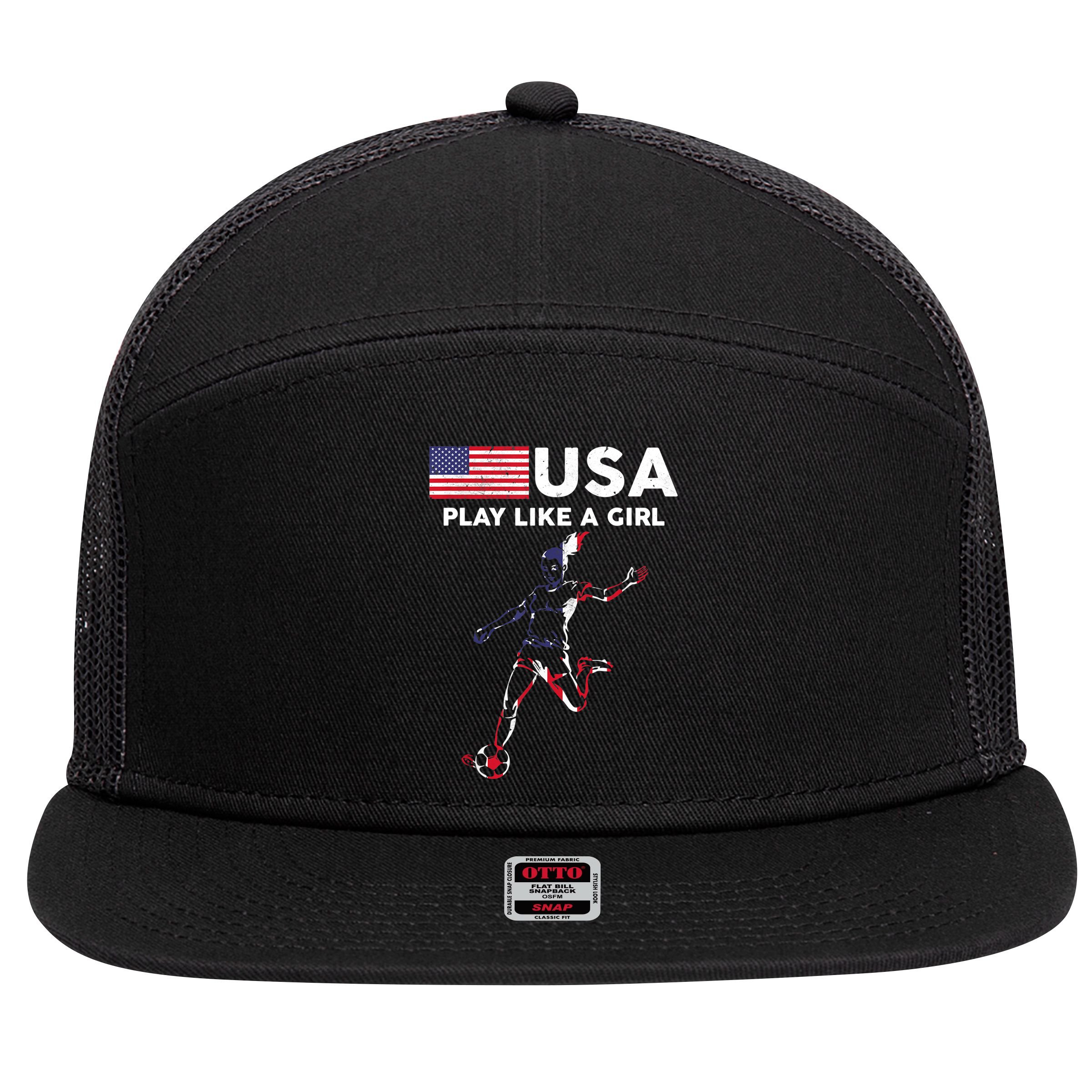 USA Play Like A Girl Soccer Football USA Flag TShirt 7 Panel Mesh Trucker Snapback Hat