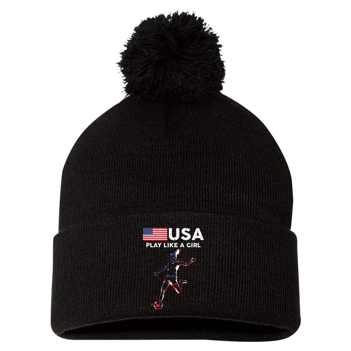 Usa Play Like A Girl Soccer Football Usa Flag Pom Pom 12in Knit Beanie
