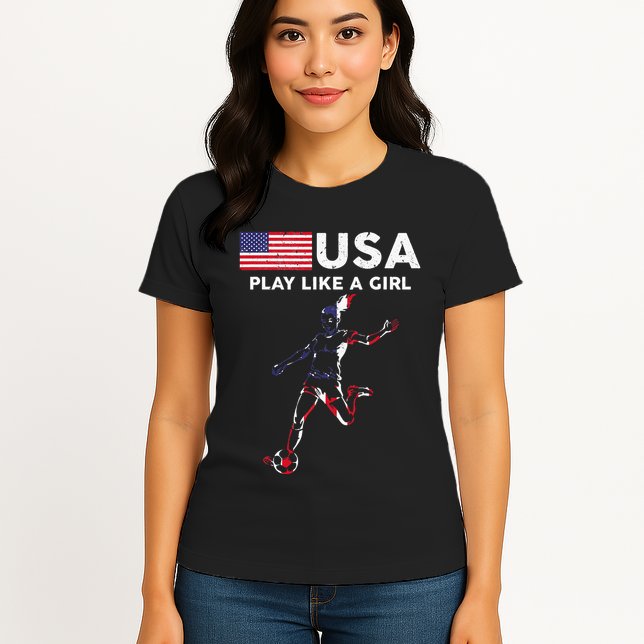 Usa Play Like A Girl Soccer Football Usa Flag Womens T-Shirt