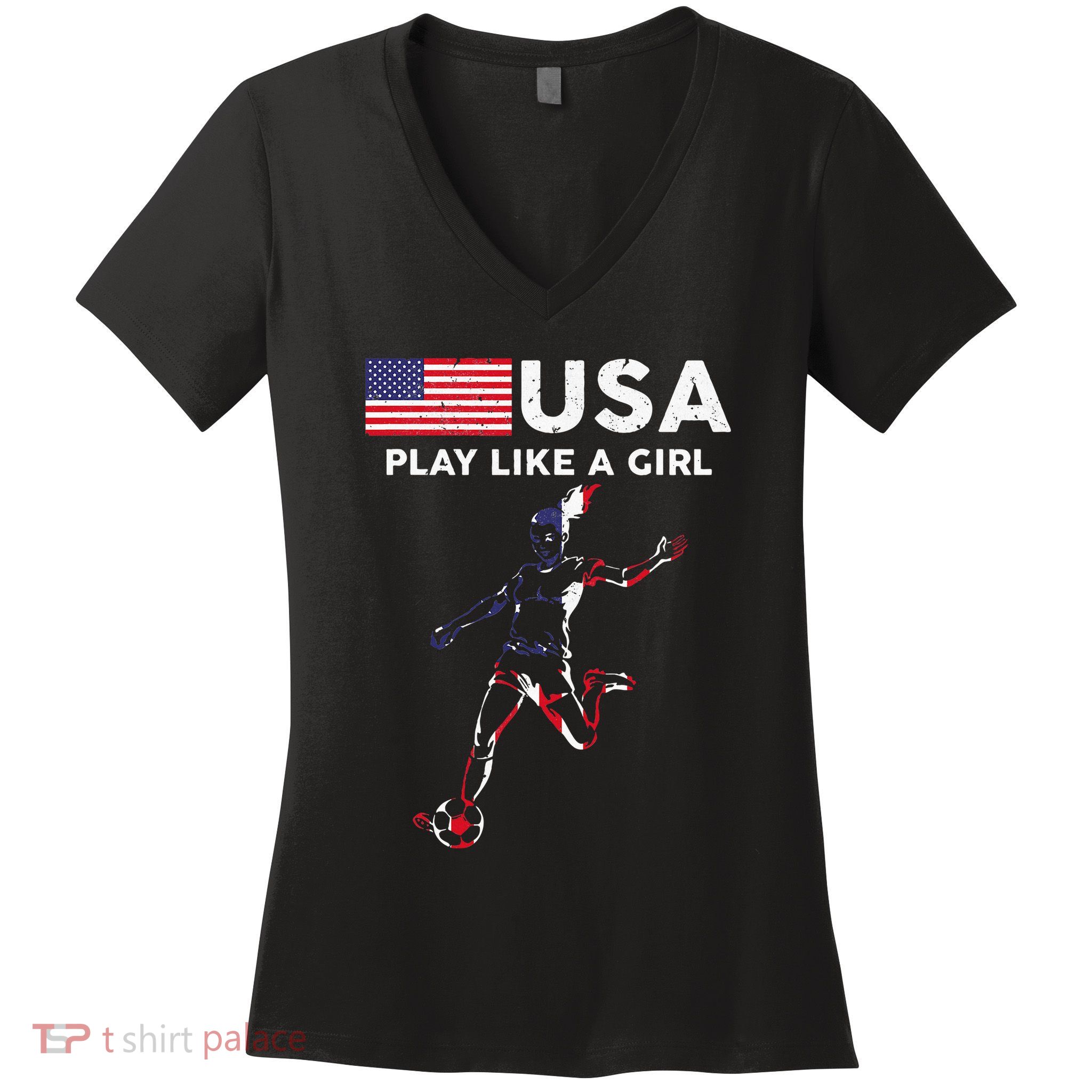 Usa Play Like A Girl Soccer Football Usa Flag Women's V-Neck T-Shirt