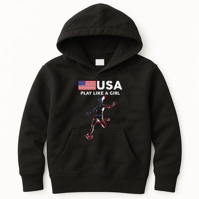 Usa Play Like A Girl Soccer Football Usa Flag Kids Hoodie