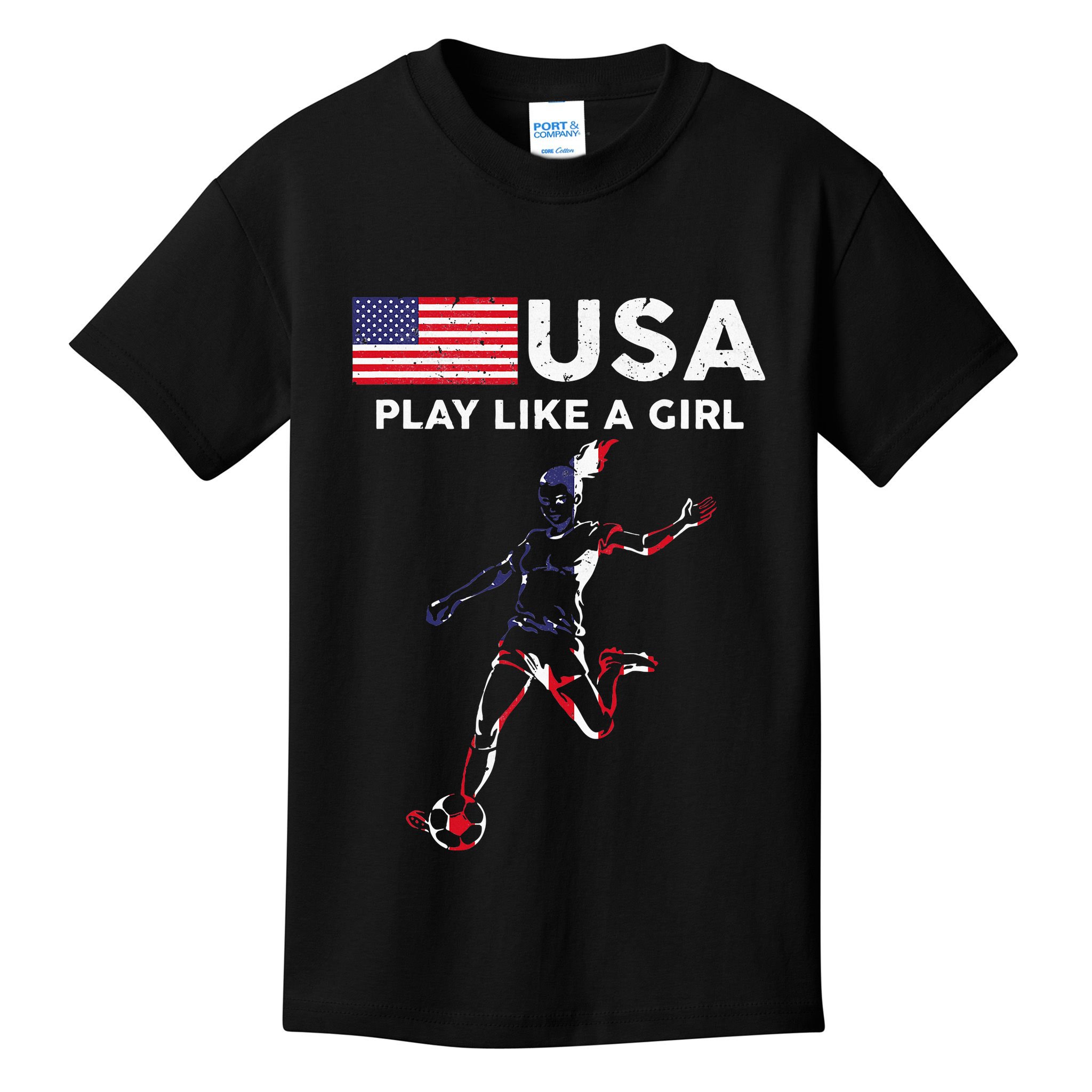 Usa Play Like A Girl Soccer Football Usa Flag Kids T-Shirt