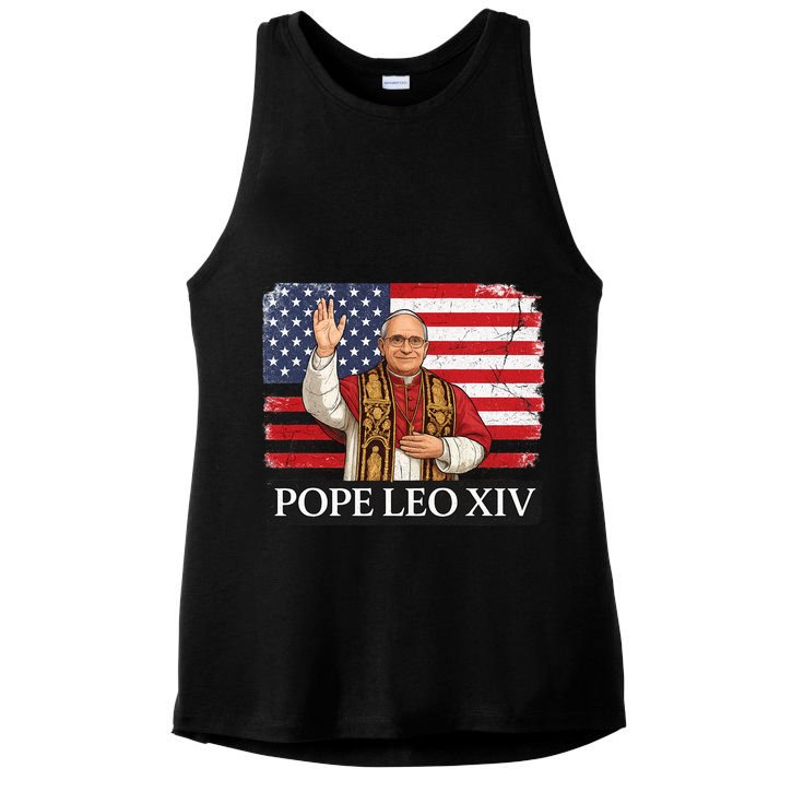 USA Pope Leo XIV Robert American Flag Ladies PosiCharge Tri-Blend Wicking Tank