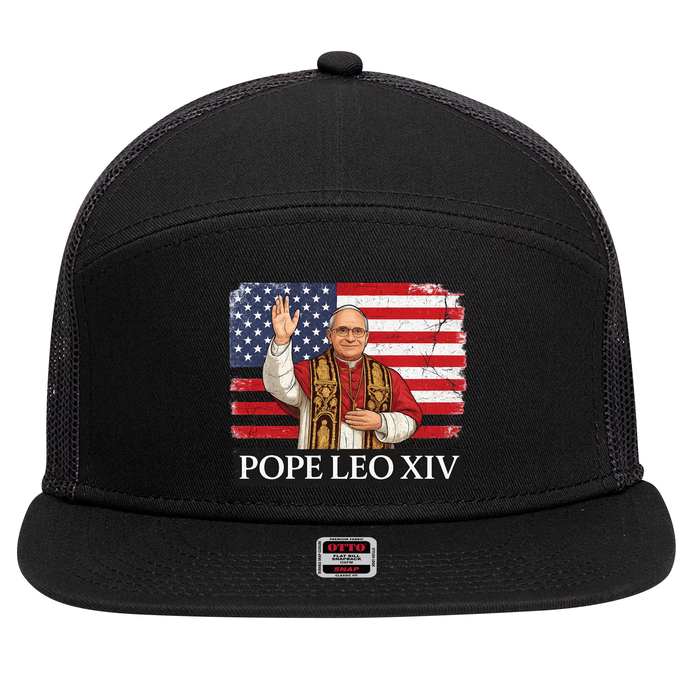 USA Pope Leo XIV Robert American Flag 7 Panel Mesh Trucker Snapback Hat