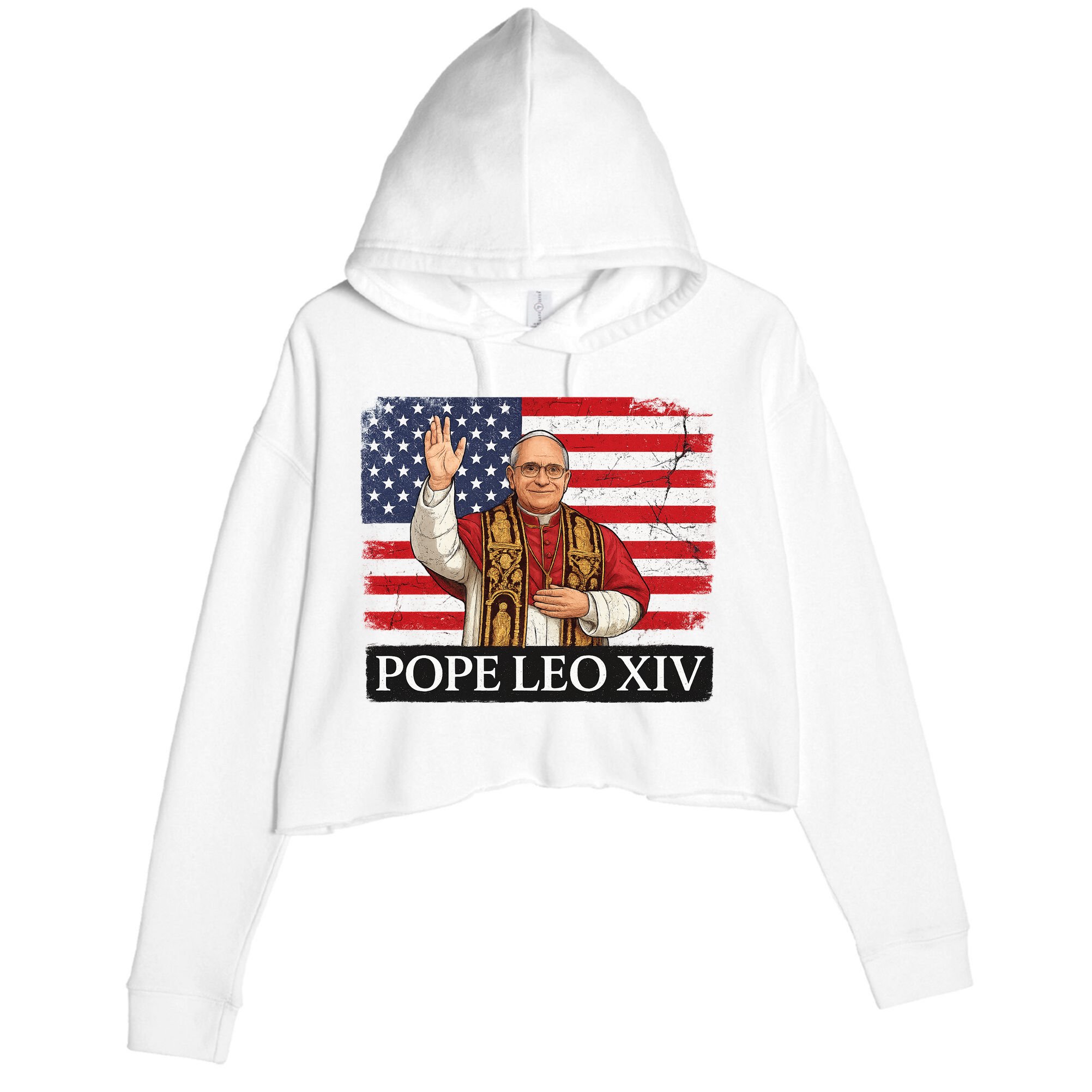 USA Pope Leo XIV Robert American Flag Crop Fleece Hoodie
