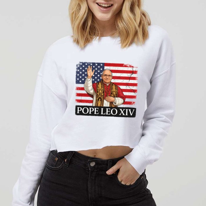 USA Pope Leo XIV Robert American Flag Cropped Pullover Crew