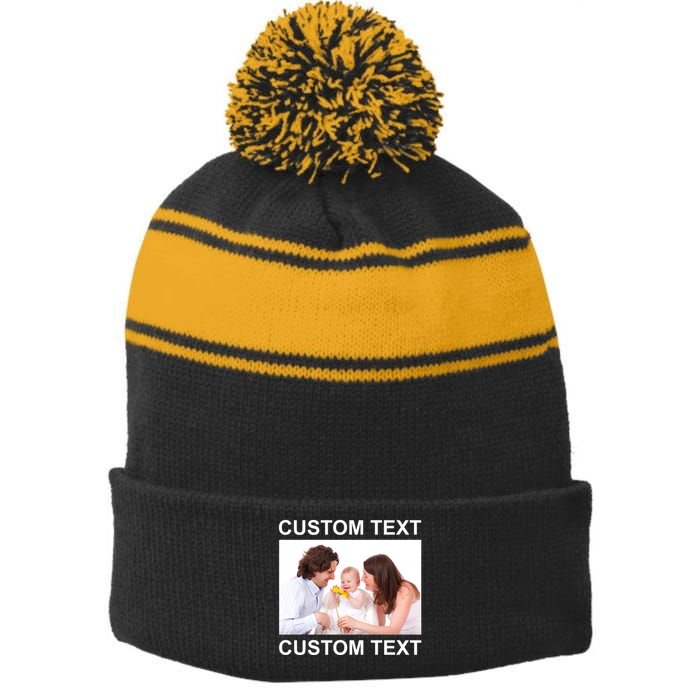 Upload Personalize Design or Photo Custom Text Stripe Pom Pom Beanie