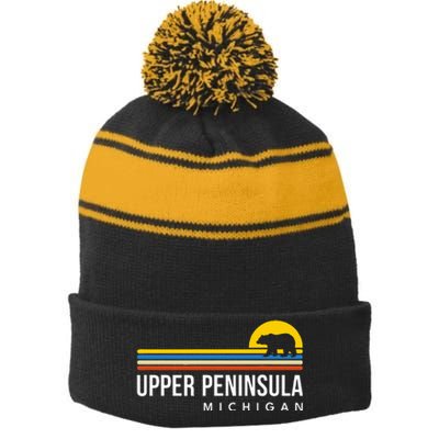 Upper Peninsula Michigan Mi Bear Vintage Retro Souvenirs Stripe Pom Pom Beanie