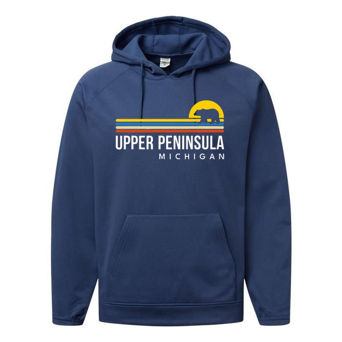 Upper Peninsula Michigan Mi Bear Vintage Retro Souvenirs Performance Fleece Hoodie