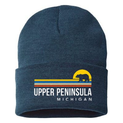 Upper Peninsula Michigan Mi Bear Vintage Retro Souvenirs Sustainable Knit Beanie