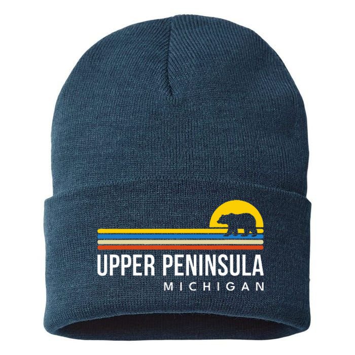 Upper Peninsula Michigan Mi Bear Vintage Retro Souvenirs Sustainable Knit Beanie