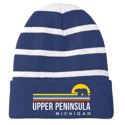 Upper Peninsula Michigan Mi Bear Vintage Retro Souvenirs Striped Beanie with Solid Band