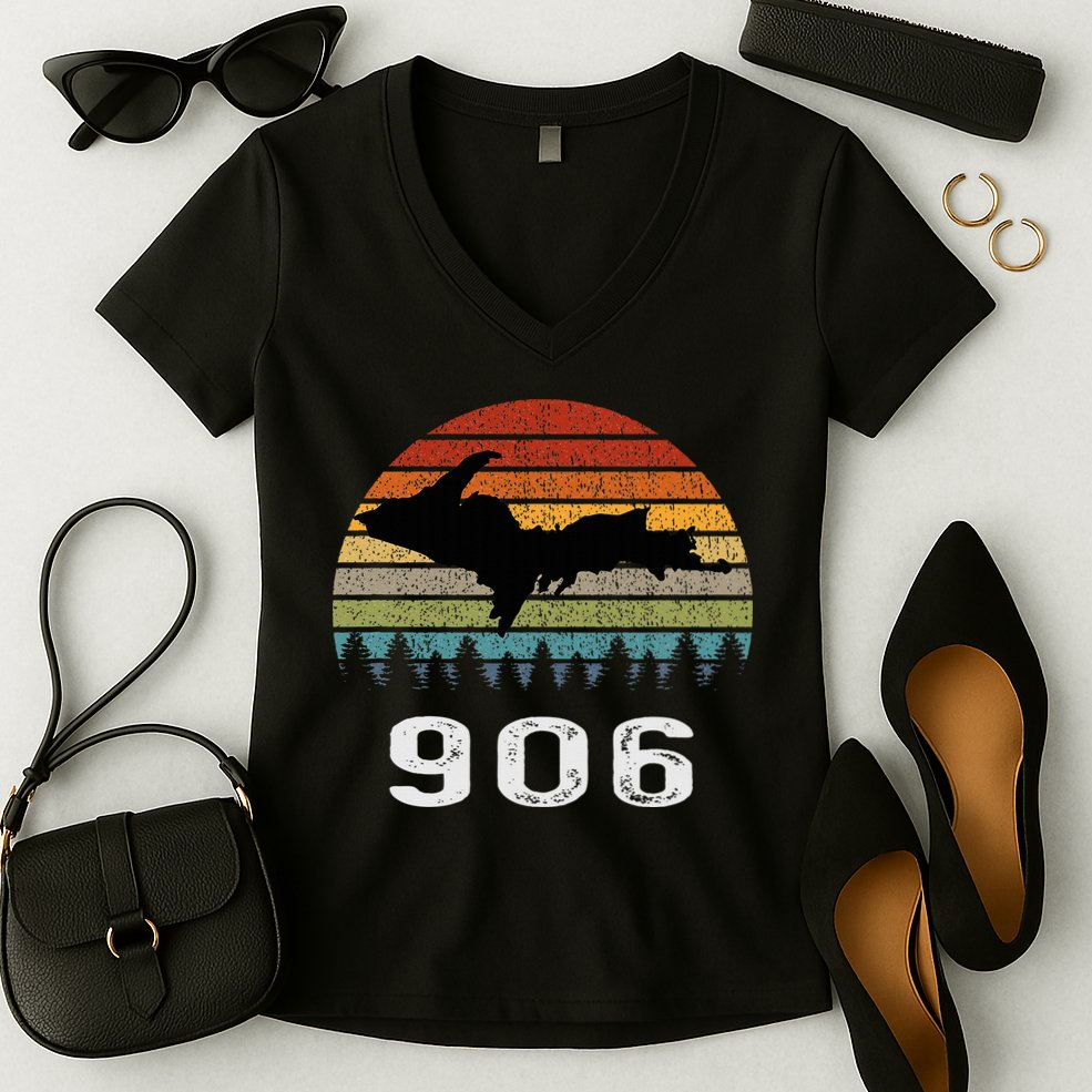 Upper Peninsula Michigan Mi Up Retro 906 Yooper Women's V-Neck T-Shirt