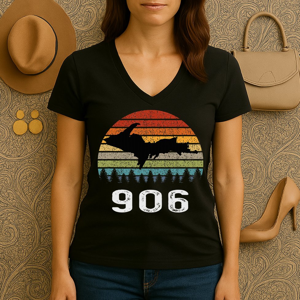 Upper Peninsula Michigan Mi Up Retro 906 Yooper Women's V-Neck T-Shirt