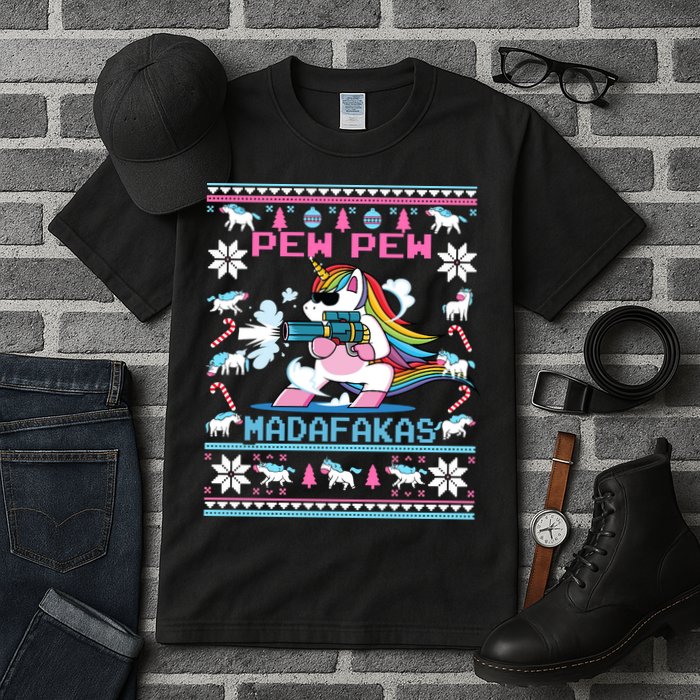 Unicorn Pew Pew Madafakas Ugly Christmas Sweater Tall T-Shirt
