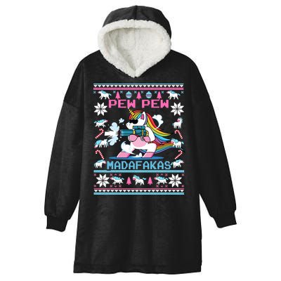 Unicorn Pew Pew Madafakas Ugly Christmas Sweater Hooded Wearable Blanket