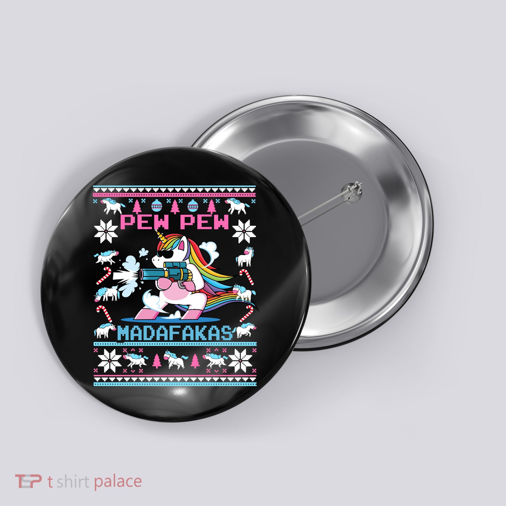 Unicorn Pew Pew Madafakas Ugly Christmas Sweater Button
