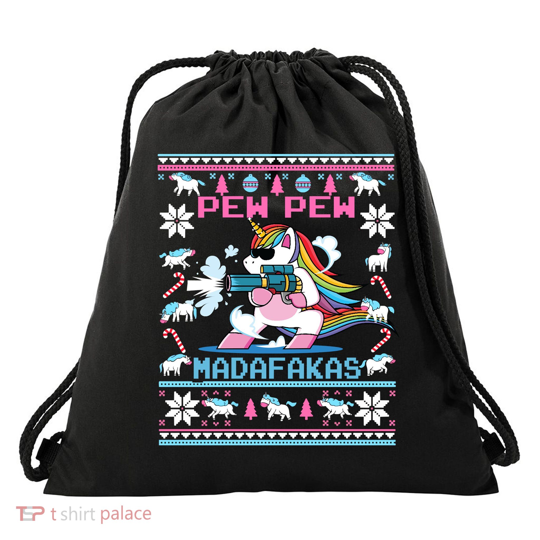 Unicorn Pew Pew Madafakas Ugly Christmas Sweater Drawstring Bag