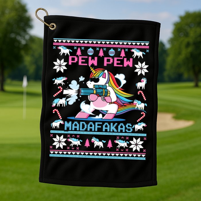 Unicorn Pew Pew Madafakas Ugly Christmas Sweater Golf Towel