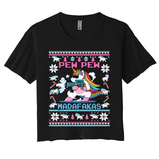 Unicorn Pew Pew Madafakas Ugly Christmas Sweater Crop Top